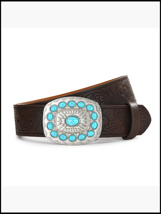 Vintage Western Belt Faux Leather Turquoise Buckle Classic Cowgirl Style